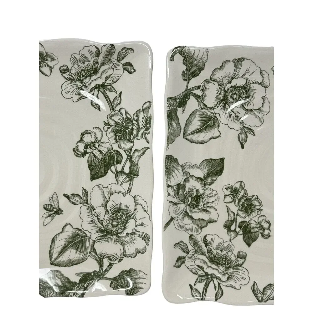 MAXCERA Green Floral Dinner Plates 11in Square Ceramic Set of 2 NEW